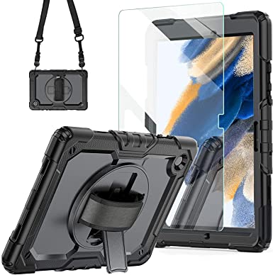 Samsung Galaxy Tab A8 Case 10.5 Inch 2022 SM-X200/X205/X207 with Tempered Glass Screen Protector | Blosomeet Kids Case for Galaxy Tab A8 w/ S Pen Holder Stand Hand Strap &Shoulder Strap | Black