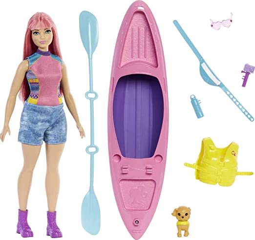 Barbie It Takes Two Camping Playset with Daisy Doll (Curvy with Pink Hair, 11.5 in), Pet Puppy, Kayak & Camping Accessories, Gift for 3 to 7 Year Olds