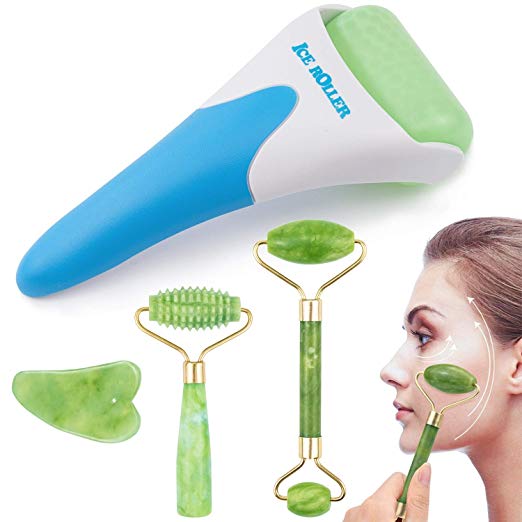 EAONE 4 in 1 Ice Roller Jade Roller Eyes Facial Massage Kits Cold Freezer Therapy Instant Pain Relief Wrinkle Preventing Coolers Skin Roller for Face & Eye Neck Massage