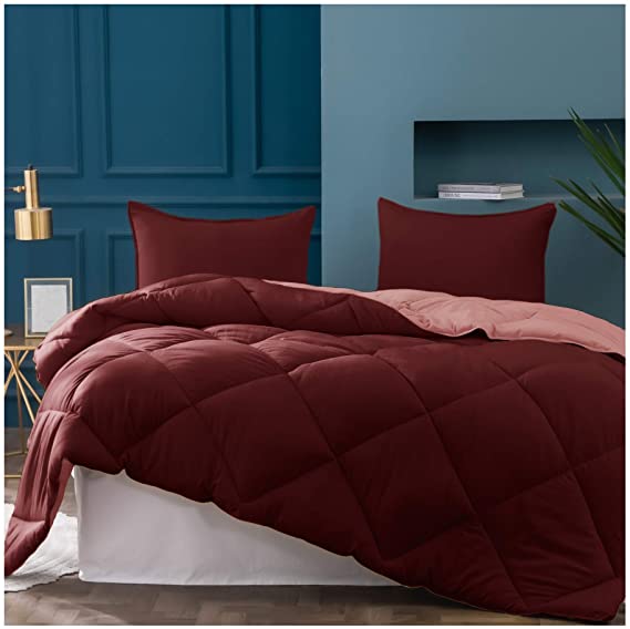 KASENTEX 2-Tone Reversible Comforter Set with Plush Down Alternative Filling - Fluffy, Ultra Soft and Machine Washable Bedding Duvet Insert, Queen, Antique Red/Rose Pink