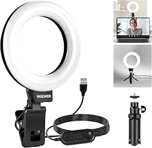 NEEWER Basic 5" Ring Light with Clip & Tripod, 10W 3000k-6000K Dimmable Clip on Light for Laptop Computer Monitor Video Conferencing, Selfie, Vlog, Makeup, Live Streaming, Video Recording, BR60