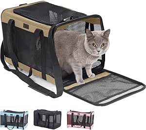 Gorilla Grip Airline Travel Cat Carrier Bag Up to 15 Lbs, Breathable Mesh Collapsible Pet Carriers for Small, Medium Cats, Small Dogs, Puppies, Portable Kennel with Soft Washable Waterproof Pad, Beige