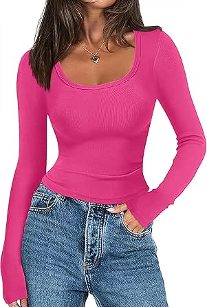 Zeagoo Women's Long Sleeve Ribbed Slim Fitted Shirts Square Neck Casual Basic Y2K Crop Tops