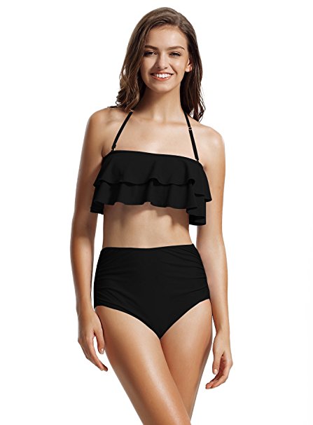 zeraca Women's Ruffle Bandeau High Waisted Bikini Bathing Suits