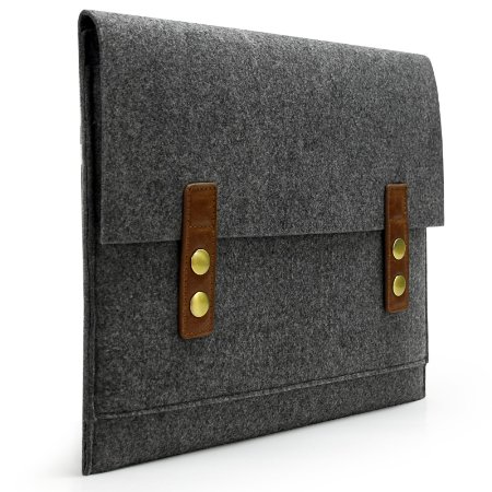 Lavievert Handmade Gray Felt Case Vintage Style Bag Sleeve Pouch with Authentic Leather and 2 Magnetic Buttons for Apple 15 MacBook Pro  15 MacBook Pro Retina and Most Popular 15 Inch MacBooks  Netbooks  Laptops  Notebooks - Gray