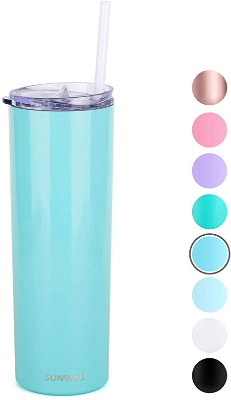 SUNWILL Straw Tumbler Skinny Travel Tumbler with Lid, Vacuum Insulated Double Wall Stainless Steel 20oz for Coffee, Tea, Beverages, Seafoam Blue