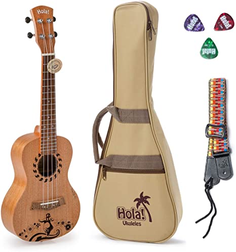 Hola! Music HM-124GL  Laser Engraved Mahogany Concert Ukulele Bundle with Aquila Strings, Padded Gig Bag, Strap and Picks - Hula Dancer