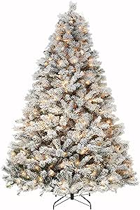 Hykolity 9 ft Snow Flocked Christmas Tree, Artificial Christmas Tree with 2100 Tips, 600 Warm White Lights, Metal Stand and Hinged Branches