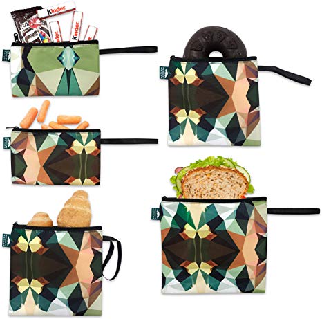 Nordic By Nature Reusable Sandwich Bag Snack Bags - Value Pack of 5 Dual Layer Lunch Baggies - Dishwasher Safe - Eco Friendly Cloth Wraps - Easy Open Zipper For Kids (Mosaic Camo)