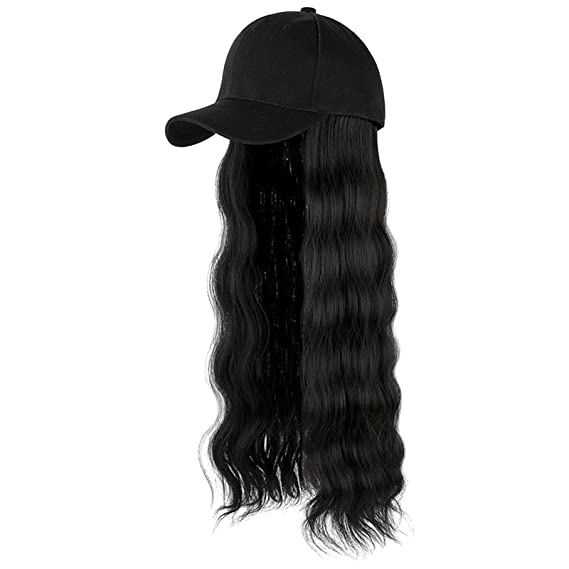 Fheaven Baseball Hat with Wig - Adjustable Baseball Cap Wigs with Hair Attached for Black Womens, Long Wavy Curly Synthetic Wig Natural Hair Extensions