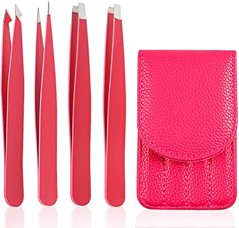 JOYJULY Precision Eyebrow Tweezers Set for Women,4 Pcs Professional Stainless Steel Slanted Tweezers for Eyebrows Plucking,Facial Ingrown Hair Remover Lash Extension and Crafting(Rose Pink)