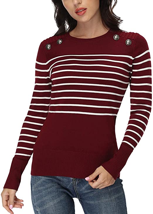 Dilgul Women Crewneck Striped Knit Sweaters Long Sleeves Casual Military Pullover Tops