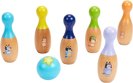 BLUEY – Wooden Bowling “Skittles” Set, Indoor & Outdoor Bowling Play, 6 Pins and 1 Bowling Ball – FSC Certified for Children 3 Years and Up, Medium