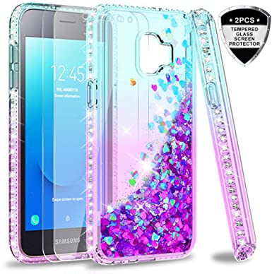 Samsung Galaxy J2 Core/J2 Core/J2 2019/J2 Pure/J2 Dash/J2 Shine Case with Tempered Glass Screen Protector [2Pack] for Girls Women, LeYi Glitter Liquid Phone Case for Samsung J2 Core, Teal/Purple