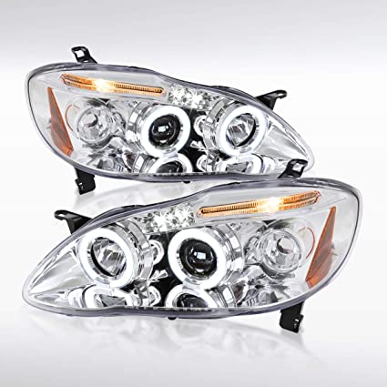 Autozensation Compatible with Toyota Corolla 2003-2008, Dual Halo Led Chrome Housing Clear Lens Projector Headlights, L R Pair Head Light Lamp Assembly