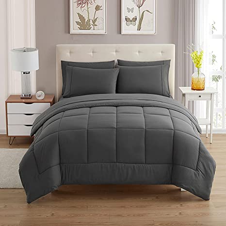 Sweet Home Collection 7 Piece Bed-in-a-Bag Solid Color Comforter and Sheet Set, Queen, Gray