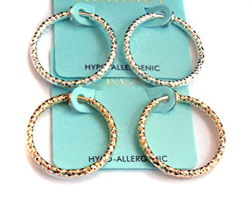 Clip-on Earrings Textured Hoop Gold Or Silver Tone 1 inch Hoops Hypo-Allergenic