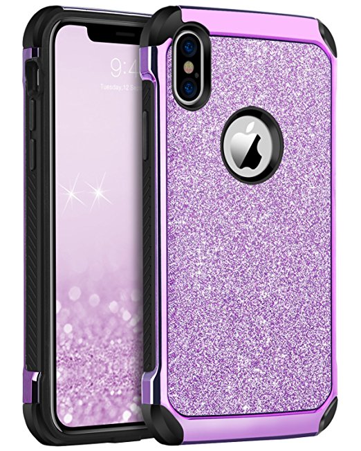 iPhone X Case, iPhone X Phone Case, BENTOBEN Shockproof Glitter Sparkle Bling 2 in 1 Hybrid with Shiny Faux Leather Hard Case Soft Bumper Protective iPhone X / 10 Cover for Girl Women, Purple