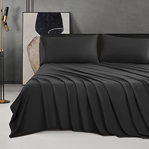 SONORO KATE 100% Bamboo King Size Bed Sheets Set - 1900 Thread Count Super Soft Wrinkle Free Silk Feel, All Seasons,Sheet & Pillowcase Sets Fit 8-16 Inch Deep (Black, King)