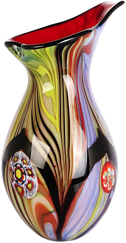 Luxury Lane Hand Blown Abstract Teardrop Art Glass Vase with Angled Lip 13.5 inch Tall