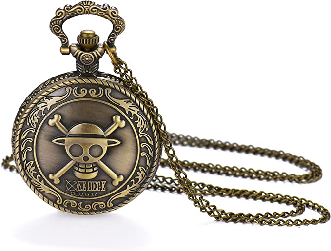 JewelryWe Antique Bronze Anime Skull Cartoon One Piece Style Luffy Quartz Pocket Watch Necklace 31.5 inch Chain, for Halloween, Xmas