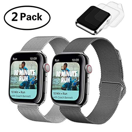 (2 Pack) R.B Compatible with Apple Watch Band 42mm 44mm, Compatible for iWatch Bands Metal Loop Replacement for Series 4 3 2 1, Silver & Space Grey, 2X Screen Protector As Bonus