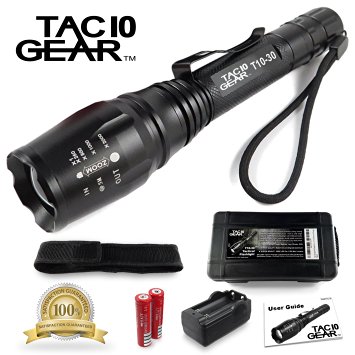 TAC10 GEAR Super Bright LED Tactical Flashlight CREE XML-T6 Includes Rechargeable Lithium Ion Batteries and Charger Plus Free Holster Adjustable Zoom Focus 5 User Modes 1200 Lumens Water Resistant