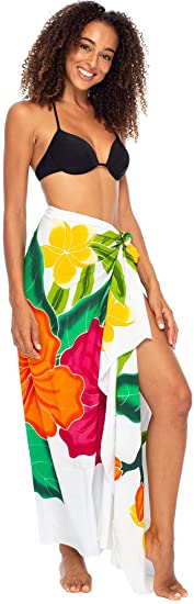 Back From Bali Womens Sarong Wrap Beach Swimsuit Cover Up – Hand Painted Hibiscus with Coconut Clip