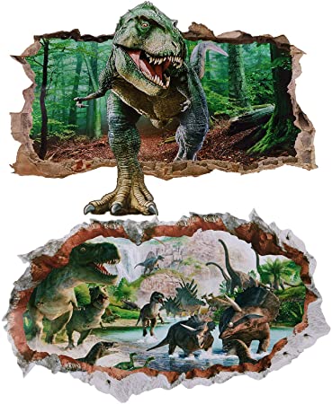 2 Sheets Dinosaur Wall Decals Dinosaur Forest Wall Stickers Self Adhesive 3D Smashed Wall Arts Removable Wall Mural Decals for Kids Nursery Bedroom Living Room (Jumping Dinosaurs)