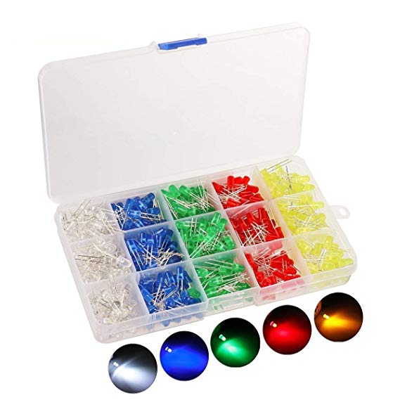 500pcs LED Diode Lights, KingSo 5 Colors×100pcs 5mm Light Emitting Diodes LED Assortment Kit Electronics Components, Diffused Round Light Bulb for Arduino, White Red Orange Green Blue