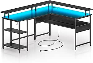 Rolanstar Computer Desk L Shaped 56.7" with LED Lights and Power Outlets, Reversible L Shaped Gaming Desk with Monitor Stand, Home Office Desk with Storage, Desk with USB Port and Hook, Black