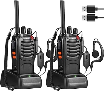 Baofeng BF-88A Long Range Rechargeable Walkie Talkie, 0.5W 16 Channel FRS Hands-Free Two-Way Radio with Earpiece, LED Flashlight, USB Charger (Black, 1 Pair)