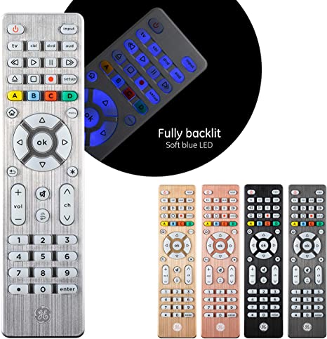 GE Backlit Universal Remote Control for Samsung, Vizio, LG, Sony, Sharp, Roku, Apple TV, RCA, Panasonic, Smart TV, Streaming Players, Blu-Ray, DVD, Simple Setup, 4-Device, Silver, 48844