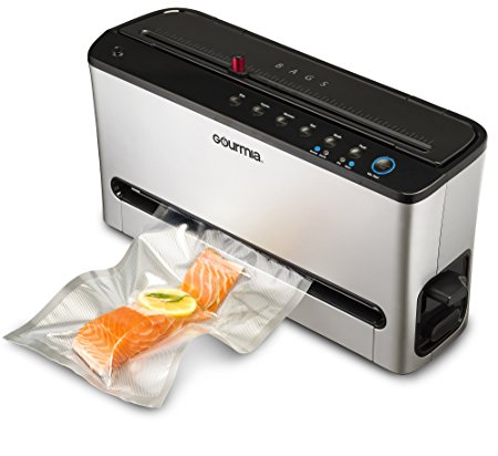 Gourmia GVS445 Vacuum Sealer - Vertical Space Saving 8 Function Sealer, Preserve or Vacuum for Sous Vide, Built-In Bag Roll Storage & Cutter, Cannister Compatible - Includes Bags & Hose