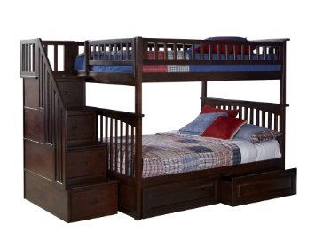 Columbia Staircase Bunk Bed with 2 Raised Panel Bed Drawers, Full Over Full, Antique Walnut