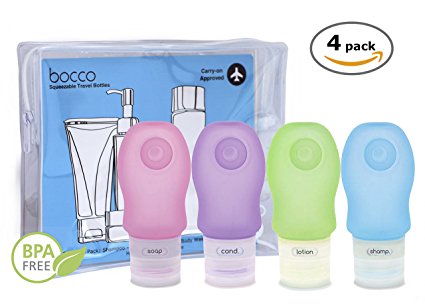 Bocco Leak Proof Squeezable Travel Bottles, TSA Approved Travel Accessories for Carry On Luggage - Perfect for Liquid Toiletries - 4 Pack (All Medium 2 oz Bottles) (Purple/Pink/Blue/Green)