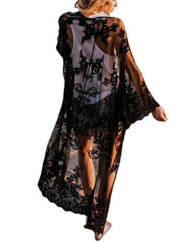 Bsubseach Women Sexy Lace Crochet Open Front Swimsuit Beach Long Kimono Cover Ups