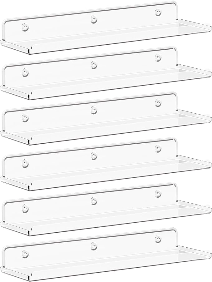 Lifewit Floating Shelves for Wall, 6 Pack 15" Clear Acrylic Shelf Room Decor for Book/Figures/Photo/Makeup in Bathroom, Book Shelf, Living Room, Bedroom, Kitchen Storage and Organization