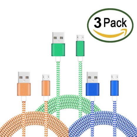 Micro USB Cable, TekSonic [3-Pack] [Green, Blue, Orange] 6.6ft/2m High Speed Nylon Braided Cable Micro USB Charging/Sync Durable Data Cable for Android, Samsung Galaxy, S6, Edge, LG and Tablets