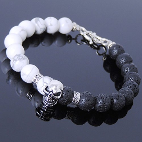 Men and Women Bracelet Handmade with 8mm Natural White Howlite & Lava Rock Beads and Genuine 925 Sterling Silver Skull, Spacers & S-hook