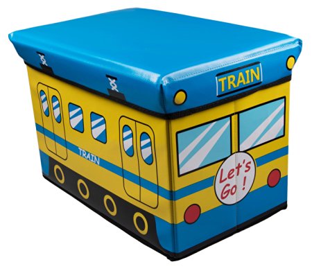 Blue and Yellow Train Collapsible Toy Storage Box and Closet Organizer for Kids - Cushion Top