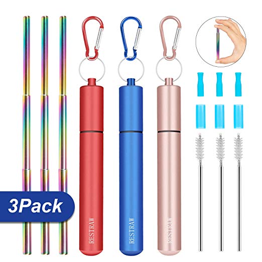 Metal Straws Collapsible Straw Reusable Collapsible Straw keychain metal straw with case,Rainbow Stainless Steel Straws,save the turtles straw foldable straw portable straw (Rainbow-3pack)