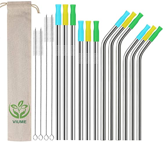 Dia 0.32 inch Reusable Metal Straws with Silicone Travel Case Cleaning Brush Long Stainless Steel Straws Bent Drinking Straw for 20 and 30 oz Tumbler (silver)