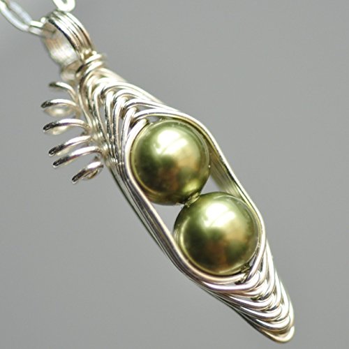 Valentines Gift, two Peas in a pod peapod necklace, green Swarovski pearls, sterling silver - Mu-Yin Jewelry