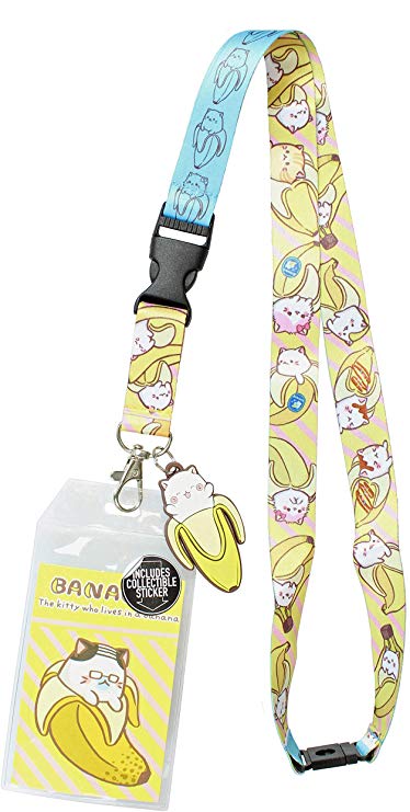 Bananya ID Lanyard Badge Holder with 2" Rubber Charm Pendant and Collectible Sticker