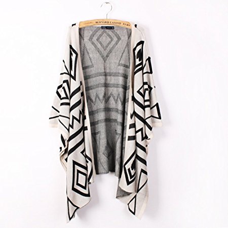 VORCOOL Fashion Spring Autumn Women's Girls Rhombus Pattern Batwing Sleeves Long Loose Knitted Cardigan Shawl Cape Sweater Coat - One Size (Beige)