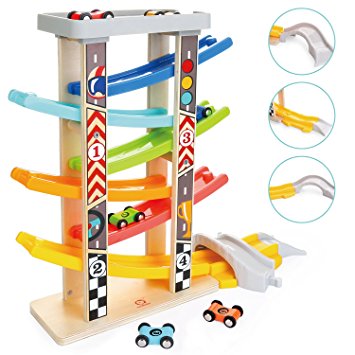 Wooden Car Ramp Race Track Toy Toddler Car Playset With 6 Mini Racers