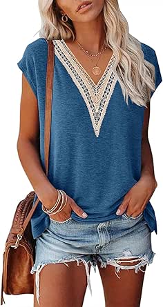 MEROKEETY Women's Casual Cap Sleeve Lace Trim V Neck Tops 2024 Summer Loose Tee Shirts Blous