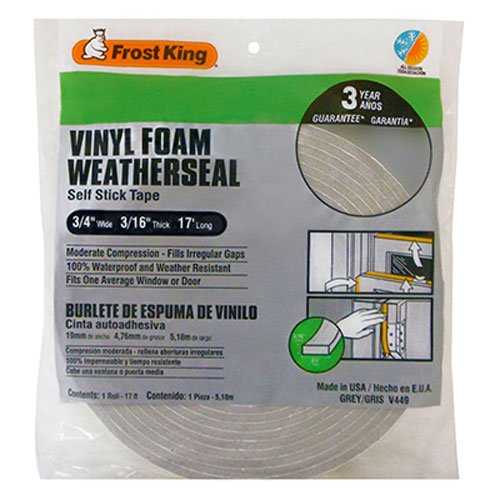 Frost King Vinyl Foam Tape - Closed Cell - Moderate Compression, 3/4" W, 3/16" Thick, 17' L, Grey