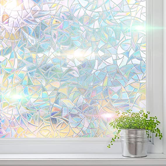 WindoDeco Window Film Privacy Rainbow 3D (17.5 in x 6.5 ft) Decorative Holographic Window Sticker with Static Cling No Glue for Home Living Room Bedroom Glass Door